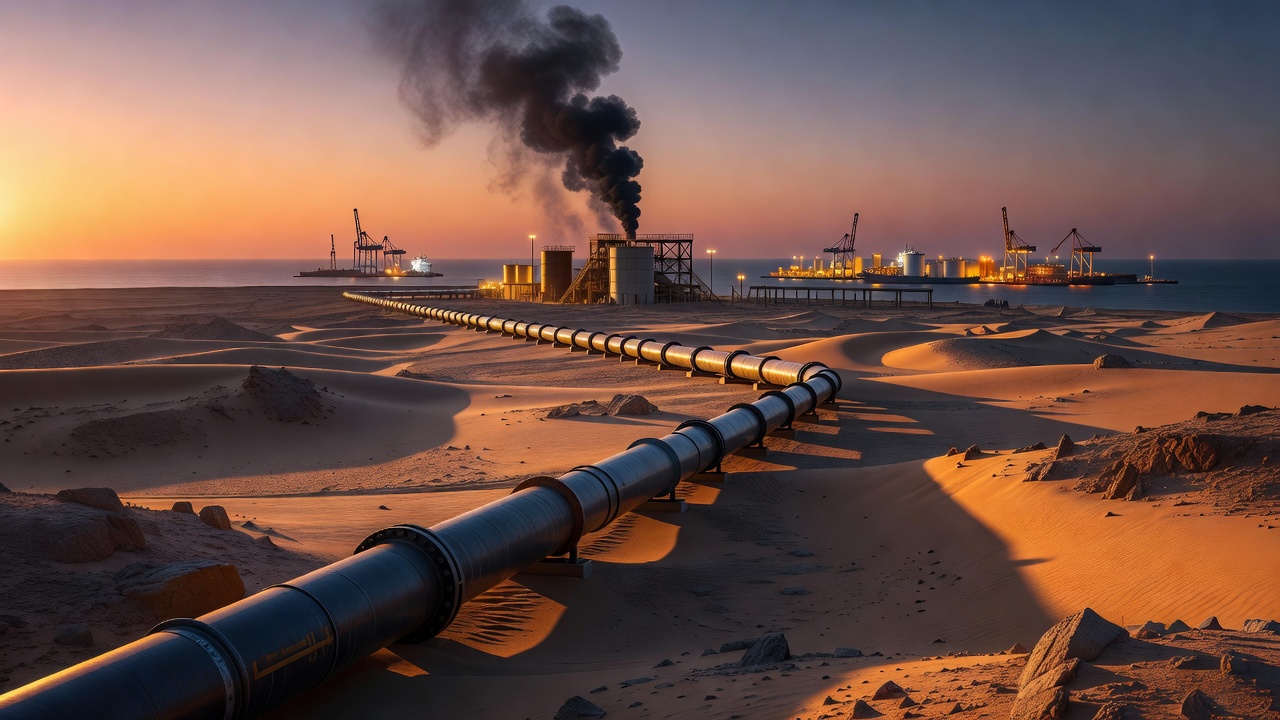 Saudi East-West oil pipeline desert route with smoke at industrial station